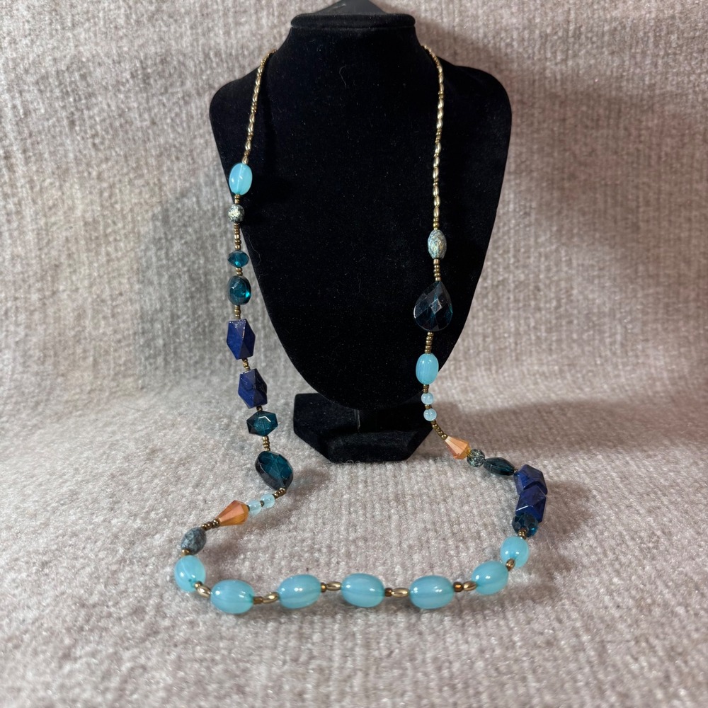 Tanya Creations Long Beaded Necklace Women OS Blue Aqua Gold Tone Boho Eclectic